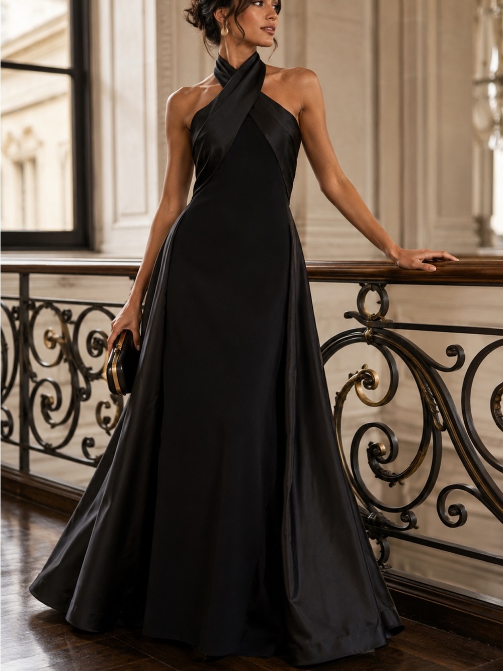 Betsy & Adam Dina Twist Halter Neck Crepe Mikado Scuba Gown A27272